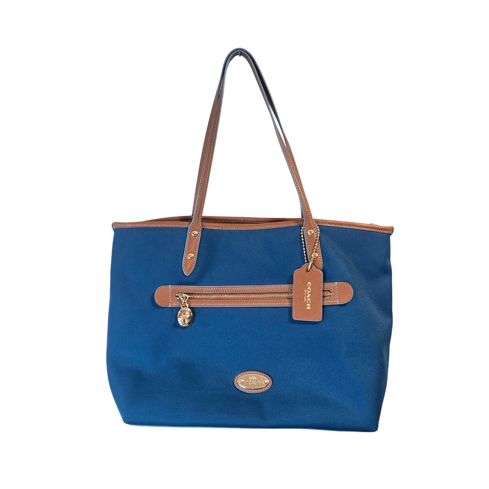 Coach Tote Bag Womens Large Blue Leather Trim Shoulder Bag Handbag